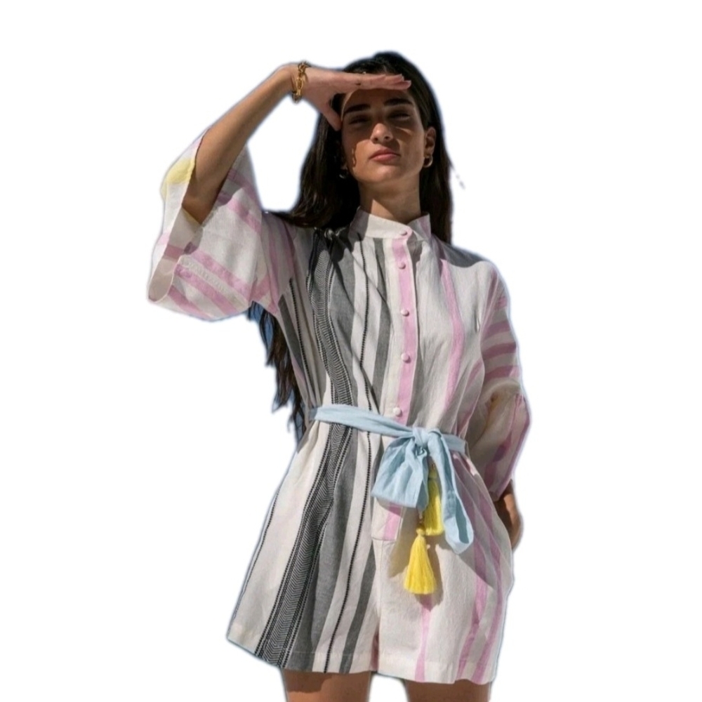 Nema Resort Wear Timea Playsuit One Piece Striped Romper Shorts Button Up Small
